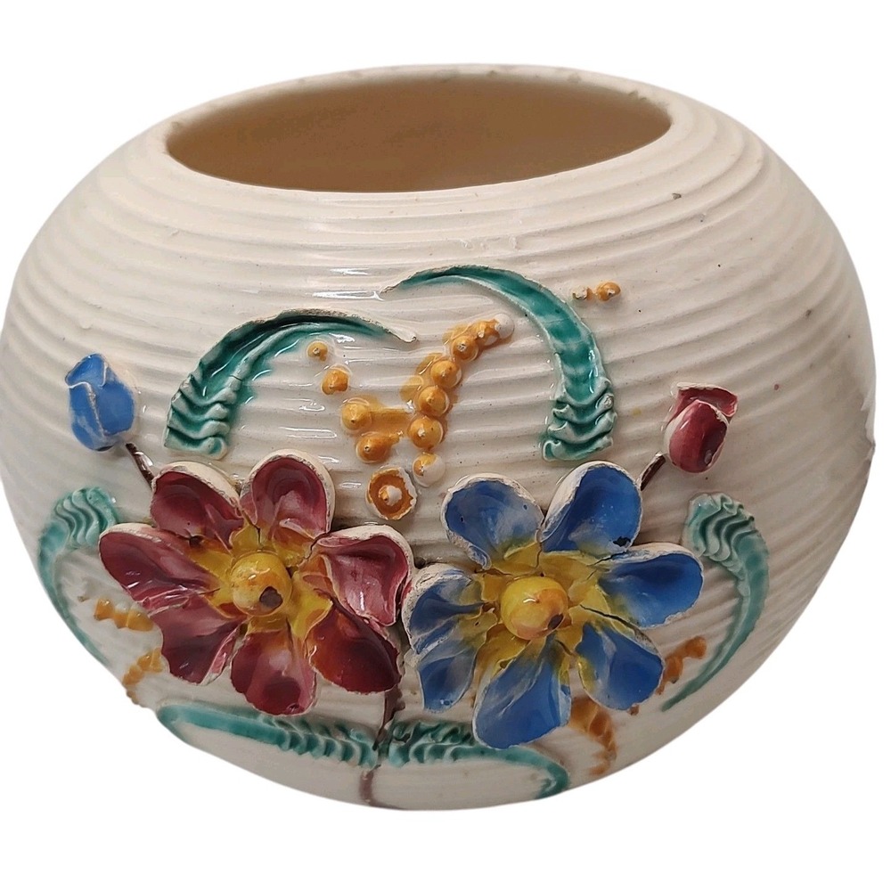 Handmade Attached Flowers Vase Cream Red Blue Round Ribbed Made In Italy‎ SEE